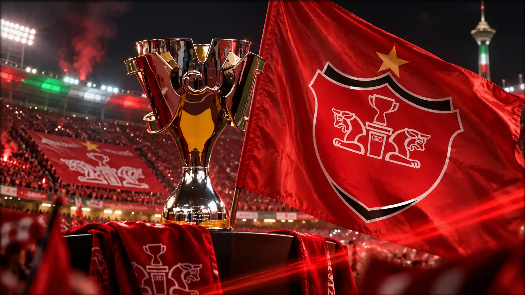 قهرمانی پرسپولیس طرح پرچم پرسپولیس با برج میلاد و جام لیگ برتر